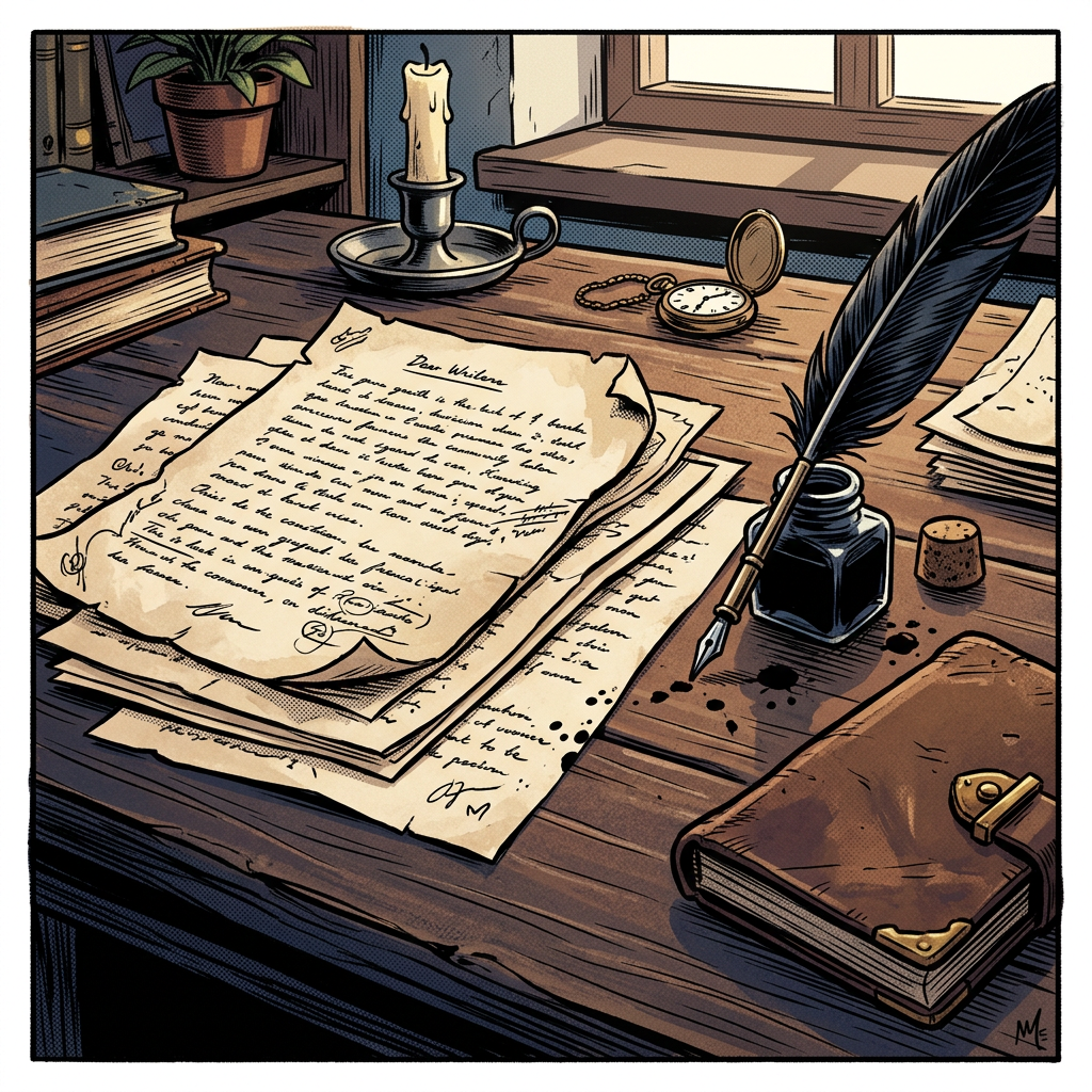 Illustrated writing desk with handwritten letters, quill, candle, pocket watch, and leather journal